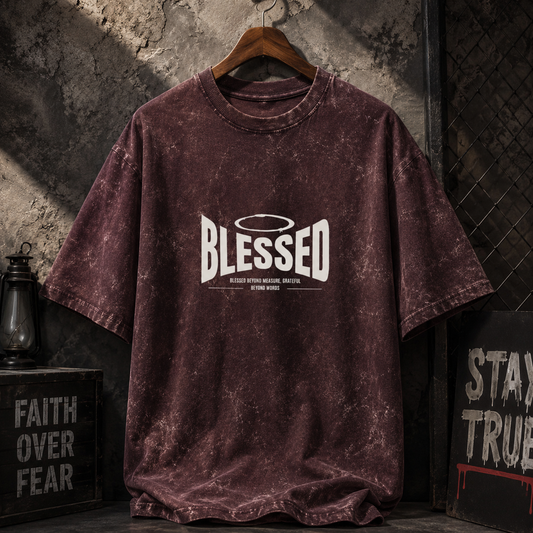 BLESSED Printed Unisex Acid Washed Oversized Tee