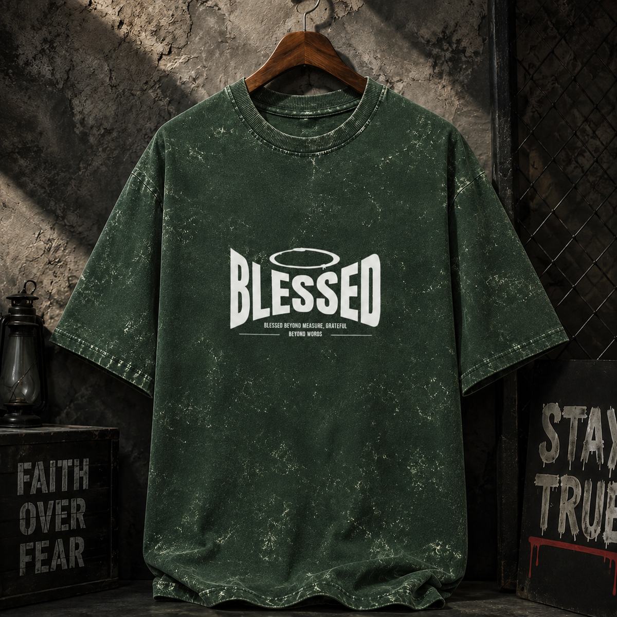 BLESSED Printed Unisex Acid Washed Oversized Tee